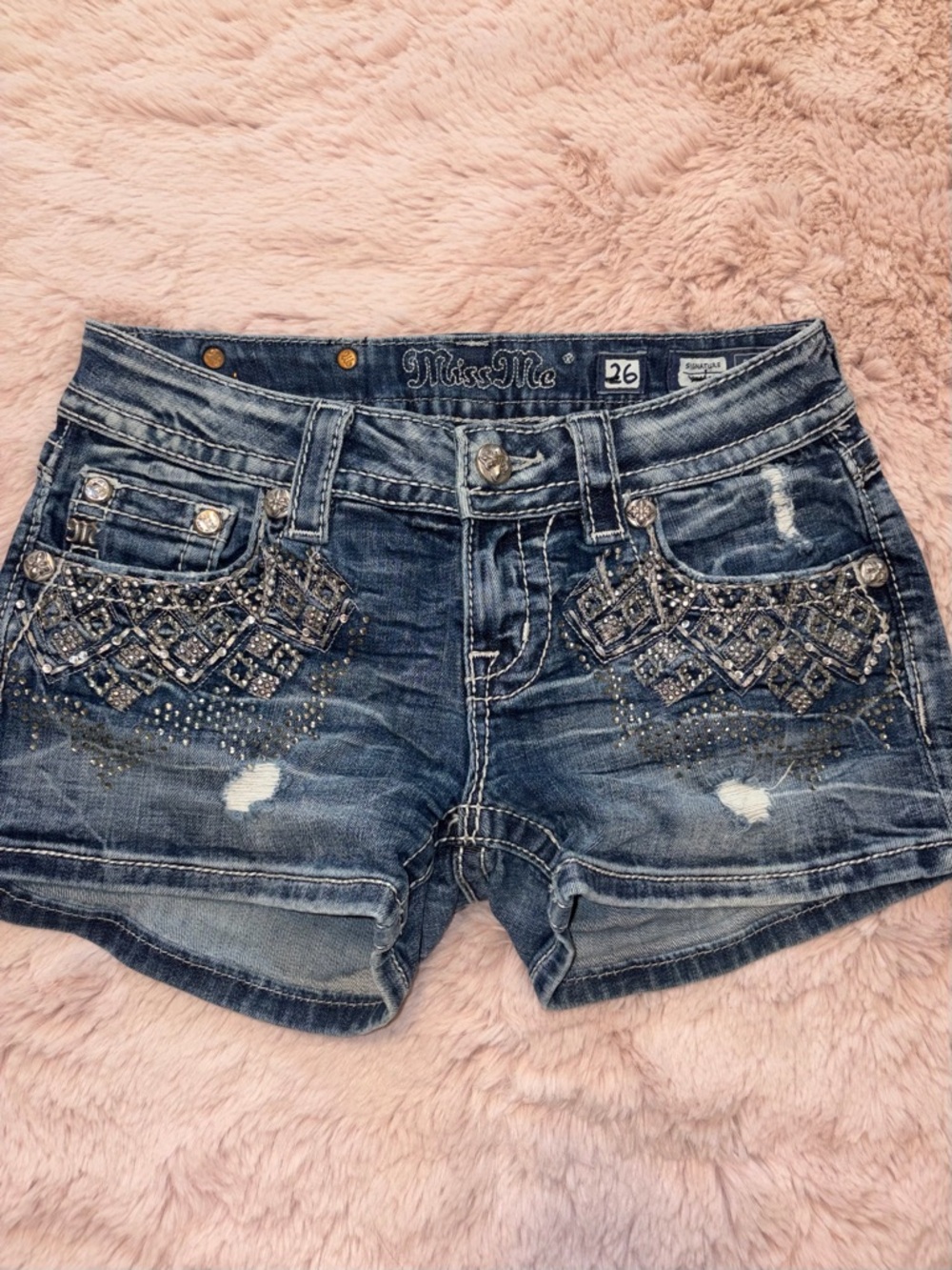 Miss Me Embellished Distressed Denim Shorts - Blue
